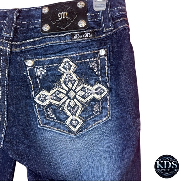 Miss Me Signature Bootcut Jeans Sz 28 — Crystal Front Sequin Cross Back Pockets - Picture 8 of 11